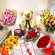 This is a fat collection of Bunch of Fresh Orchids, Bunch of 12 Yellow Daisies, Bunch of 12 Red Roses, Bunch of 24 Red Roses, Basket of Assorted Flowers, 1Kg (2.2 Lbs) Chocolate Cake, 1.5 Feet Tall Teddy Bear and a Big Card. This can be a grand way of celebrating romance and all Big occasions. Gift it to make your love reach a new height. This combo pack is picked up by all those who really want to shower love and make their beloved feel special and irreplaceable.