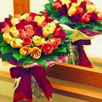 Make any occasion even more special for your friends with this bunch of 24 mixed coloured roses. Handpicked and put together to create a bountiful arrangement, the bunch includes green leaves to highlight the bright colours of the roses. It is then held together with fancy ribbon. A surprise that your friends will love for sure.