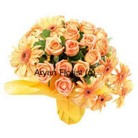 Surprise your friend with this collection of bright orange blooms. 12 orange roses and 8 orange gerberas are creatively put together to form a bunch along with green leaves. Each of the bloom is placed in a fun manner to create a happy round bunch of flowers. Surprise your friends by sending these flowers on special occasions to make their day even more special.