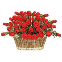 For those sweet celebrations, this basket of 50 red roses in an extravagant display of beauty will do the trick. Neatly arranged in a cane basket with a handle, the roses are displayed in a manner that each bloom stands out tall. The basket makes it easy to carry the flowers and to place it on any table. Green leaves and fillers are interspersed with the flowers to heighten the display. This one is a favourite choice for many occasions.