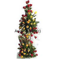 A stylish 4 feet tall arrangement of 125 red and 125 yellow roses is something that will leave everyone awestruck. The yellows and reds pop up in the fine arrangement of green leaves and fillers. The roses are arranged in a manner that their beauty can be seen from all sides of the arrangement. Place it on the floor in a corner and it will turn into the sweetest smelling corner. Impress your loved ones with these roses.