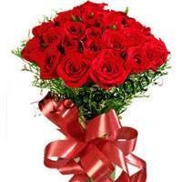Why gift a dozen when there's a bouquet made especially with two-dozen red roses! Fresh bright red roses oozing of romance are held together with a bright red satin ribbon bow. Green ferns and leaves surround the red roses creating a neat appearance. The freshness of ferns and roses merges to spread sweet moist smell. This one is a favourite for anniversaries, engagements and weddings.