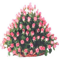 A basket of 150 pink roses – some in full bloom, some buds – this bouquet is designed in a creative and unusual fashion. Towering in a conical shape, each pink rose is arranged in a manner that it can be clearly seen. Ample of green leaves give it a lush and splendid look. The basket in a flat shape is specially chosen to suit this arrangement. Surprise and delight with these 150 fresh pink roses!