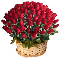 Basket Of 100 Red Colored Roses With Seasonal Fillers