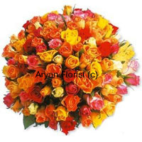 Keep it fresh, keep it innovative! This bunch of 100 roses in mixed colours incorporates the beauty of roses in a creative fashion. Put together in a harmonious manner, red, orange, yellow, white and pink roses ooze of freshness and warm wishes. Best suited as get well soon and official presents, this bunch is easy to carry and display in any space. The fragrance spreads freshness and brilliance in the atmosphere.