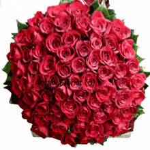 A sparkling bouquet of a 100 red roses, this will surely spark love. Our expert florists handpick 100 red roses; place them creatively to form a bountiful round bouquet. When placed on a tabletop, it becomes the center of attraction. Mesmerizing in beauty and fragrance, this one makes a lasting impression on your loved one!