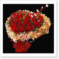 Surprise the love of your life with this heart-shaped bouquet of 50 red roses. It's red, it's stunning and it's fragrant – the red roses are handpicked by our expert florists and the bouquet is specially designed with fillers, green leaves and add on embellishments. A lush and bountiful arrangement to impress with love.