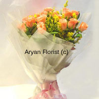 Send the most cheerful boost to your family and friends with this bunch of 12 orange roses. Fresh from the farm, this arrangement looks fresh and sunny with the bright orange roses, seasonal fillers and green leaves. The orange translucent wrapping around the bunch firmly holds it together. This medium size bunch looks great in any corner of the room and is good for all occasions.