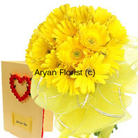 To get rid of soliloquies where you contemplate questions like ' say or not to say', present this sunshine bouquet of eighteen yellow gerberas with a love greeting card. This will help you come out of the dilemma and you will be celebrating the success of a new beginning in your life. The love greeting that comes free with this can be used to celebrate the success thereafter. So place your order now and taste success!