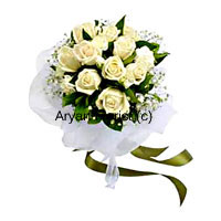 The most beautiful white rose blooms have been handpicked to create this bouquet that oozes elegance. 12 white roses come together to create a serene arrangement along with fresh bouncy seasonal fillers and green leaves. Wrapped around with beautiful white wrapping and satin bows, this one makes for a perfect gift for friends and business associates. It sits pretty in glass and ceramic vases on any tabletop.