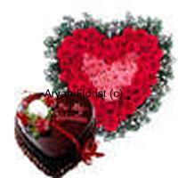 What expresses love more than a heart shaped bouquet of red roses? A combination of the roses with a heart shaped cake! This combination of a bouquet of 50 red roses designed in a heart shape with green leaves and fillers on the side and a one kg (2.2 lbs) chocholate truffle cake is a favourite among those who want to send birthday and anniversary wishes to their loved ones.