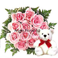 Bunch Of 12 Pink Roses With Seasonal Fillers Along With A Cute 12 Inches Tall White Teddy Bear