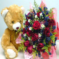Bunch Of 12 Red Roses With Fillers And A Cute 14 Inches Tall Brown Teddy Bear