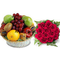 A dozen red roses and 5 kg (11 lbs) fresh fruits make for a pretty healthy surprise. 12 fragrant roses is put together in a beautiful bunch enhanced with green leaves around it. A basked filled with fresh fruits handpicked from the farm is delivered with the roses. You cannot go wrong in wishing your family and friends on any occasion with this combo.