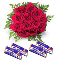 Bunch Of 12 Red Roses With Assorted Chocolates Bars