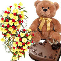 When something little is not an option, go for this massive combo. A three feet tall arrangement of flowers, one kg heart-shaped chocolate cake and a two feet tall teddy bear can't fall short to impress. The bouquet is created with fresh assorted flowers; the cake is baked by the most talented bakers and the huge two-feet tall teddy bear grabs everyone attention. Order it for your sweetheart on that special occasion.