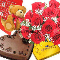 The more the merrier! This combo comprises a bouquet of 12 red roses, a small cute teddy bear, a box of Cadbury's Celebration, 1 kg heart shaped chocolate cake and a free greeting card. What more can one want to express warm wishes to the loved one? Order this combo for special occasions such as birthdays, anniversaries or even proposals.