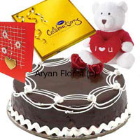 Order this amazing assortment of a 1 kg truffle cake, a box of Cadbury's Celebration, an I-love-you teddy bear and a greeting card. Impress the love of your life with this selection of gifts on special occasions such as birthday, anniversary, welcome-back or other special occasions. We deliver the package making sure your feelings are gift packed beautifully.