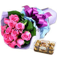 Keep it pink! Keep it sweet! A lovely bouquet of 12 pink roses and a box of 16 Ferrero Rocher chocolates will surely make your family and friends feel special. Handpicked pink roses are bunched up with fresh green leaves and held together with fancy satin ribbon. Ferrero Rocher chocolates are neatly packed in a box. Order this for multiple occasions – birthday, anniversary, welcome-back, get-well-soon or bon voyage – and make it special.