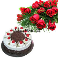 When sweet fragrance meets flavours of sweetness. This bunch of 12 red roses is put together by our expert florists. With fillers and green leaves, the bouquet looks more impressive. Team it with a 1 kg Black Forest cake and you're set to make a special occasion even more special. This combo is an absolute favourite for birthdays, anniversaries, and other special occasions.