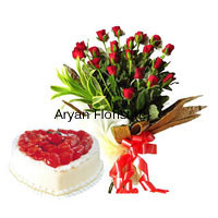 This combo comprises a bunch of 24 red roses and a 1 kg heart-shaped pineapple cake. The bouquet is elegantly designed to let the flowers look organically arranged and completed with fancy ribbon holding the flowers together. The heart-shaped 1 kg pineapple cake is specially baked by the best bakers in town. Order this combo and surprise with aromatic cake and fragrant flowers.