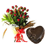 Celebrate with a bunch of 24 red roses and a 1 kg heart-shaped cake. Arranged with the fresh handpicked roses, our experts have designed this bouquet in a style that brings out the beauty of each of the blooms. Fresh greens leaves and fillers on one side add to the beauty of the long stem roses, completed by a fancy ribbon decoration. The chocolate cake is fresh out of the oven, baked by the best bakers in town. This one is an absolute favourite for all occasions.