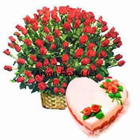 Make it a moment to treasure and remember with this combo of a bouquet made out of 200 red roses and a 1 kg heart-shaped strawberry cake. The garden fresh roses stand fresh and bouncy in the abundant bouquet in a pretty cane basket. Along side we pack a freshly baked heart-shaped strawberry cake. One of the best gifts to express your love.