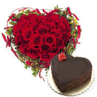 Heart Shaped Arrangement Of 40 Red Roses Along With Heart Shaped Chocolate Cake