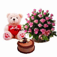 Wow your beloved with this combination of a basket of 24 pink roses, a 1.5 feet teddy bear and a 1 kg chocolate truffle cake. Brighten up your lovely lady's day with these impressive bright pink roses which is put together in a lovely cane basket. Add to this the cutest teddy bear that sits 1.5 feet tall and a fresh chocolate truffle cake-from-the-bakery . Order this lovely surprise.