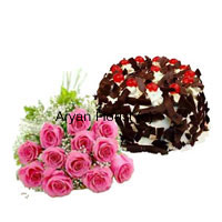Overflowing with sweetness, this combination of a bunch of 12vpink roses and a 1 kg chocolate crisp cake will make the recipient feel happy and special. The 12 pink roses are bundled up together for a natural look along with fillers. Fancy wrapping and satin ribbon holds it together. The bouquet is sent with a 1 kg chocolate crisp cake baked with love. A perfect choice for all special occasions.
