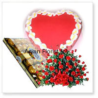 Let your loved ones know how much you love them. This combo includes a basket of 100 red roses, handpicked by expert florists and creatively put together with green leaves to create a beautiful bouquet, a box of 24 Fererro Rocher chocolates nicely packed and a 1 kg (2.2 lbs) strawberry cake baked by the best bakers in town and fresh out of the oven. This one is an absolute favourite for all occasions.