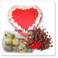 This combination of a basket of 100 red roses, 16 pieces of Fererro Rocher chocolates and a 1 kg ( 2.2 lbs) strawberry cake is a perfect way to express warm wishes for birthday, anniversary, promotion, or even simply ‘I'm thinking of you.' The roses are beautifully placed alongside each other and green leaves to create a lovely bunch in a basket, the chocolates and cake sweetly wrapped to make the arrangement look as attractive and beautiful as possible.