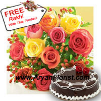 The very urban , yet no so clichéd way of showing your love is through these mixed colored roses with half kg.(1.1 lbs) Truffle cake. Needless to say, the cake will be the mithai on this Raksha Bandhan that will accompany with free Rakhi that you get with this pack. The 12 mix colored roses are given to show the mixed emotions of brother sister duo, that are a relentlessly present in this delicate relation.