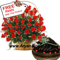 Basket of 50 Red Roses that come with seasonal fillers and 1 kg (2.2lbs) heart shaped chocolate cake is an affirmation towards this relationship of vows and prayers. It shows dedication, love and purity towards one another. So gift this to your brother/sister, and infuse zeal to be more happy and affectionate with each other. This pack comes with a complimentary Rakhi to be tied on your brother's wrist. With great care and profound love order this now!