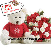 This big bunch of 24 Red Roses, that comes with white carnations indicates the good wishes that a sister gives to her brother. So what better way than to give this bunch on this Raksha Bandhan and seek and give blessings to your brother. Elder or younger, he will always need his sister's blessings to move ahead in life. With this comes a medium sized teddy bear that is cuddly and cute. You also get a complimentary Rakhi with this bunch.