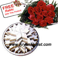 With strong traditions of India, the Indian traditional Mithai, especially the Kaju barfi, is the most favorite in every house hold. You receive this wonderful 1 kg Kaju Barfi along with 12 red roses. This will be a perfect way to show you care. With this beautiful red roses and white Kaju barfi's comes a complimentary Rakhi. Tie this Rakhi and reiterate the vows! Place an order for this majestic bunch and yummy barfi's to continue the festival in the traditional way!
