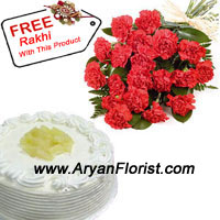 Present this amazing combo of devotion and respect that a brother sister relation has with the traditional 1/2 kg Vanilla cake and a bunch of 12 red carnations. Participate on this Raksha Bandhan with this combo and gift your sister this to show how much you admire her love and affection. What sisters do for their brothers is inexplicable, so thank her today for the sacrifices, she makes unknowingly. The free rakhi with this combo is beautifully decorated to be tied on your wrist.