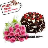 Bunch Of 12 Pink Roses Along With 1 Kg Chocolate Crisp Cake And A Free Rakhi! do you need more to celebrate this Raksha Bandhan with your sibling and family members? So place an order for this yummy cake, which is baked by the best bakery with complete attention and vigilance. The pink roses, needless to say are too, carefully plucked to adorn your sibling's house and infuse in it the lovely fragrance of flowers.