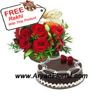 Laden with chocolates, 1 kg chocolate truffle cake is more than perfect when presented with a basket of 12 red roses. These lovely red roses are carefully and scrupulously arranged in the basket and is appealing to the eyes. The cake is decorated well and will surely be relished by all in the family. Enjoy the festival and have gala time on this Raksha Bandhan. You also get a free Rakhi with this pack!