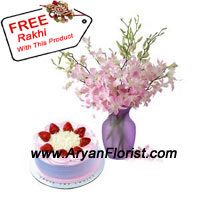 This impeccable combination of Orchids along with a half kg 1/2 kg Strawberry cake is worth to call for on this Raksha Bandhan. The orchids come in a vase and are very beautifully arranged that mesmerizes the receiver. The vase is durable and you may use it to remind you of this Raksha Bandhan, until next year, when your brother surprises you with yet another thoughtful gift. The free Rakhi adds to the significance of the festival.