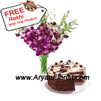This Raksha Bandhan gift your sibling with one of the most popular ornamental flower, that is Orchid. From us, to you, these Orchids come arranged very well in a vase and 1 kg Black Forest Cake. The cake is freshly baked with all the love from the baker. The Orchids signify strength, showing power of the brother sister relation. It also denotes grace and delicateness, showing how you need to love your sister/brother. The free Rakhi with this pack will mesmerize you further!