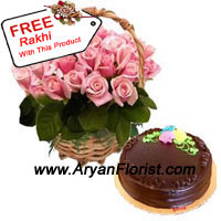 Profuse love and respect between the brother and sister can be shown through this beautiful combination of 24 Pink roses and 1 kg Truffle Cake. It is indeed the righteous think to choose on this Raksha Bandhan and shower blessings to your sister and vows to protect her further and be by her side. You will be reciprocated with same plenteous love through the free rakhi that she will tie on your wrist. Order this now!