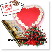 Reflection of indelible sacred love is visible through this grand pack of 100 red roses that are neatly and flawlessly arranged in a Basket. This grandiose comes with another, a 24 piece of Ferrero Rocher box along with 1 Kg (2.2 Lbs) Heart Shaped Strawberry Cake. All these are combined to manifest your love towards your sibling on this Raksha Bandhan and make them happy and proud. You also get one complimentary Rakhi with this, to emphasize on this eternal bond of love.