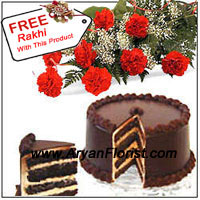 This enticing combination of bunch of 12 red carnations (that is highlighted with seasonal fillers) with 1 kg (2.2 lb) of chocolaty layered cake will be the most marvelous gift to give your sibling on this Raksha Bandhan. The sweet and flower combination will make your brother happy, if you send this combo to him especially if he lives away. This surprise will add to his merriment on this sacred day. The Free Rakhi makes this a comprehensive package.