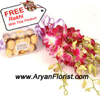 Buy this pack of 16 Italian Ferrero Rocher along with a bunch of Orchids and surprise your sister on this Raksha Bandhan. This royal treat of chocolates, aplenty with nuts and crunch will make you recall the wonderful memories you have. So have a laugh together over this treat. The Orchids symbolizing strength will look beautiful on the side, while your sister ties the free Rakhi that you get along the pack! Order now see your sister smile!