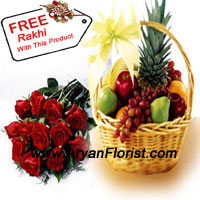 Bunch of 12 Red Roses With 5 Kg (11 Lbs) Fresh Fruit Basket is an ideal way of celebrating Rakhi with your sibling. The age old festival will allow you to give this healthy option to your brother or sister. Their preference is your choice, showing how much you care for them and their well being. The red roses emanate pure love and the fruits will keep you healthy. The Free Rakhi that you get with this pack will annex your gift with serenity and sacredness.