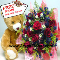 Bunch of 12 Red Roses With Fillers And A Medium Sized Cute Teddy Bear With A Free Rakhi, is all you need to send to your sister to see her smile. On one hand where the teddy bear will make you recall the memories of the past, when your sister was a kid, the other hand, the red roses will make you realize that she is all grown up. The mix of emotions will both make you teary eyed and happy at the same time.