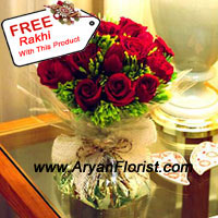 Beautifully arranged and amazingly presented, this bunch of 12 red roses with ferns is crafted to impress. The roses are handpicked by our expert florists and designers in our studios have specially put together this arrangement. Placed in a manner that the bunch looks full and glamorous along with the green leaves and fillers. Send it to your brother on Raksha Bandhan along with the beautiful free Rakhi and express your appreciation and good wishes. Delight your brother.