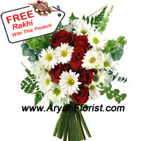 Easily a sunshine bunch of fresh blooms, this one is crafted with red roses and seasonal flowers, fillers, green leaves and fancy wrapping material. Simple and elegant, it is sent along with a beautiful Rakhi created with fancy embellishments to compliment the festive occasion of Raksha Bandhan. Delight your brother by sending this his way.