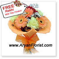 Keep it fresh! Keep it Fabulous! This bunch of 10 gerberas and a free Rakhi is a perfect gift for your brother. The bouquet is designed with fresh gerberas in a playful manner. The Rakhi is crafted in an attractive pattern with beads and trinkets. Order it for your brother and get it delivered to express your warm wishes on Raksha Bandhan.